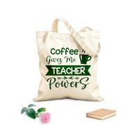 AILOONG Coffee gives me teacher's strength with hand drawn lettering Flat Tape Handle Tote Bag 340g/m² thick fabric Replaces school bag