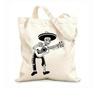 AILOONG Cotton Canvas Shopping Bag Mexican Skull Skeleton With Guitar Day Of The Dead 12 oz thick fabric Uses as a gift bag 31x36cm Medium