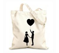 AILOONG Cotton Canvas Women's Bags 12 oz thick fabric romantic couple silhouette with heart balloon holding hands Skin-friendly material 35x40cm Large