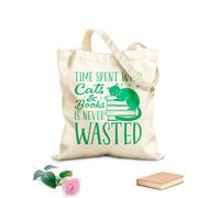 AILOONG Customizable pattern canvas bags Book Management Quotes: Time spent with cats and books is never wasted 340g/m² thick fabric Matches clothing