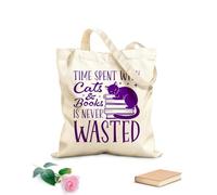 AILOONG Customizable pattern canvas bags Book Management Quotes: Time spent with cats and books is never wasted 340g/m² thick fabric Matches clothing