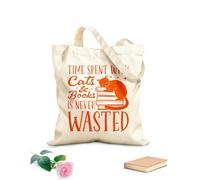 AILOONG Customizable pattern canvas bags Book Management Quotes: Time spent with cats and books is never wasted 340g/m² thick fabric Matches clothing