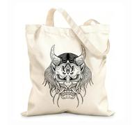 AILOONG Digitally printed canvas bags 12 oz thick fabric art japanese devil mask long hair skull hand drawn hatching style Uses as a makeup bag 31x36cm Medium