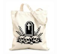 AILOONG Digitally printed canvas bags eerie skull tombstone design 12 oz thick fabric Uses as a makeup bag 35x40cm Large