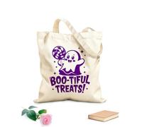 AILOONG Flat Tape Handle Tote Bag bootiful treats cute spooky ghost holding a candy 340g/m² thick fabric Replaces school bag