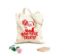AILOONG Flat Tape Handle Tote Bag bootiful treats cute spooky ghost holding a candy 340g/m² thick fabric Replaces school bag