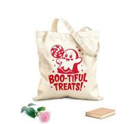 AILOONG Flat Tape Handle Tote Bag bootiful treats cute spooky ghost holding a candy 340g/m² thick fabric Replaces school bag