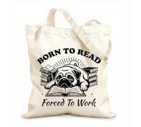 AILOONG Flat Tape Handle Tote Bag born to read forced to work dog reader typography funny bookish dog design 12 oz thick fabric Replaces school bag 31x36cm Medium