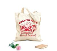 AILOONG Flat Tape Handle Tote Bag born to read forced to work dog reader typography funny bookish dog design 340g/m² thick fabric Replaces school bag
