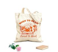 AILOONG Flat Tape Handle Tote Bag born to read forced to work dog reader typography funny bookish dog design 340g/m² thick fabric Replaces school bag