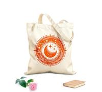 AILOONG Flat Tape Handle Tote Bag celestial mandalcosmic featuring crescent moon stars and waves within a circular frame 340g/m² thick fabric Replaces school bag