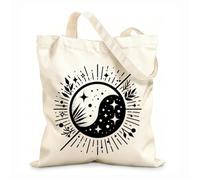 AILOONG Flat Tape Handle Tote Bag celestial yin yang intricate design cosmic harmony with starry sky and botanical elements 12 oz thick fabric Replaces school bag 25x30cm Small