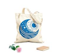 AILOONG Flat Tape Handle Tote Bag celestial yin yang stylized of the sun moon stars and ocean waves representing balance 340g/m² thick fabric Replaces school bag