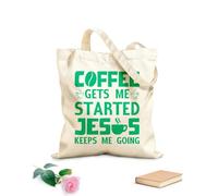 AILOONG Flat Tape Handle Tote Bag Coffee gets me started jesus Coffee lovers hand drawn lettering phrase 340g/m² thick fabric Replaces school bag