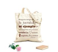 AILOONG High-definition printed tote bags 1 Timothy No One Should Lack Your Youth Spanish Bible Verse Heart Cross 340g/m² thick fabric Reusable