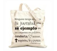 AILOONG High-definition printed tote bags 1 Timothy No One Should Lack Your Youth Spanish Bible Verse Heart Cross 12 oz thick fabric Reusable 31x36cm Medium
