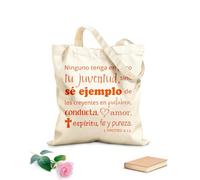 AILOONG High-definition printed tote bags 1 Timothy No One Should Lack Your Youth Spanish Bible Verse Heart Cross 340g/m² thick fabric Reusable