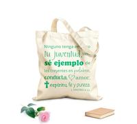 AILOONG High-definition printed tote bags 1 Timothy No One Should Lack Your Youth Spanish Bible Verse Heart Cross 340g/m² thick fabric Reusable