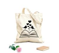AILOONG Open Book With Hearts Birds Love Reading Canvas Tote Bag 12 oz thick fabric Replaces school bag 35x40cm Large