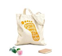 AILOONG Polyester Cotton Beach Bag Foot Pattern Motivational Quotes Success Starts With The First Step Quote Inspiration 340g/m² thick fabric Skin-friendly material