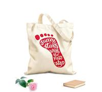 AILOONG Polyester Cotton Beach Bag Foot Pattern Motivational Quotes Success Starts With The First Step Quote Inspiration 340g/m² thick fabric Skin-friendly material