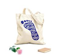 AILOONG Polyester Cotton Beach Bag Foot Pattern Motivational Quotes Success Starts With The First Step Quote Inspiration 340g/m² thick fabric Skin-friendly material