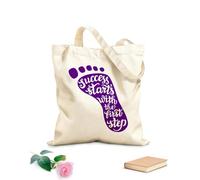 AILOONG Polyester Cotton Beach Bag Foot Pattern Motivational Quotes Success Starts With The First Step Quote Inspiration 340g/m² thick fabric Skin-friendly material