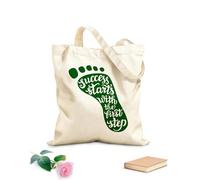 AILOONG Polyester Cotton Beach Bag Foot Pattern Motivational Quotes Success Starts With The First Step Quote Inspiration 340g/m² thick fabric Skin-friendly material