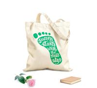 AILOONG Polyester Cotton Beach Bag Foot Pattern Motivational Quotes Success Starts With The First Step Quote Inspiration 340g/m² thick fabric Skin-friendly material