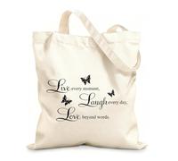 AILOONG Polyester Cotton Beach Bag Life Laughter Love Butterfly 12 oz thick fabric Skin-friendly material 31x36cm Medium