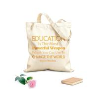 AILOONG Polyester Cotton Beach Bag Nelson Mandela Quotes Education Is The Most Powerful Weapon Science 340g/m² thick fabric Skin-friendly material