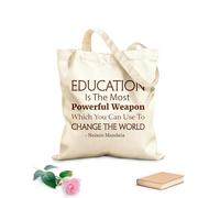 AILOONG Polyester Cotton Beach Bag Nelson Mandela Quotes Education Is The Most Powerful Weapon Science 340g/m² thick fabric Skin-friendly material