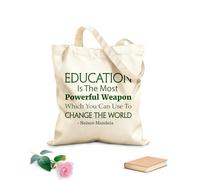 AILOONG Polyester Cotton Beach Bag Nelson Mandela Quotes Education Is The Most Powerful Weapon Science 340g/m² thick fabric Skin-friendly material