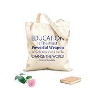 AILOONG Polyester Cotton Beach Bag Nelson Mandela Quotes Education Is The Most Powerful Weapon Science 340g/m² thick fabric Skin-friendly material