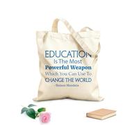AILOONG Polyester Cotton Beach Bag Nelson Mandela Quotes Education Is The Most Powerful Weapon Science 340g/m² thick fabric Skin-friendly material