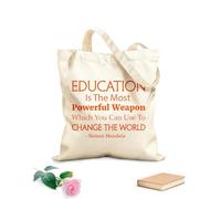 AILOONG Polyester Cotton Beach Bag Nelson Mandela Quotes Education Is The Most Powerful Weapon Science 340g/m² thick fabric Skin-friendly material
