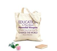 AILOONG Polyester Cotton Beach Bag Nelson Mandela Quotes Education Is The Most Powerful Weapon Science 340g/m² thick fabric Skin-friendly material