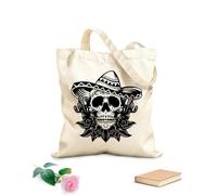 AILOONG Polyester Cotton Hand bags Mexican Skull Hat Sombrero Cacti Flowers 12 oz thick fabric Uses as a makeup bag 35x40cm Large