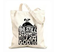 AILOONG Polyester Cotton Shopping Bags 12 oz thick fabric Hand Lettering With Bible Verse Be Still And Know Reusable 25x30cm Small
