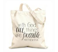 AILOONG Polyester Cotton Shopping Bags 12 oz thick fabric Hand Lettering With Bible Verse God All Reusable 31x36cm Medium