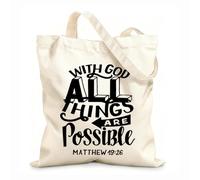 AILOONG Polyester Cotton Shopping Bags 12 oz thick fabric Hand Lettering Wth Bible Verse With God All Things Reusable 25x30cm Small