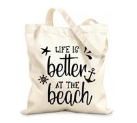 AILOONG Polyester Cotton Shopping Bags 12 oz thick fabric Life Is Better At The Beach Inspirational Quotes Reusable 25x30cm Small