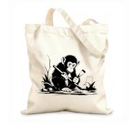 AILOONG Polyester Cotton Shopping Bags 12 oz thick fabric Monkey Hunter With A Wooden Stick In His Hand Reusable 25x30cm Small