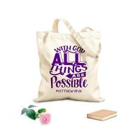 AILOONG Polyester Cotton Shopping Bags 340g/m² thick fabric Hand Lettering Wth Bible Verse With God All Things Reusable