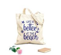 AILOONG Polyester Cotton Shopping Bags 340g/m² thick fabric Life Is Better At The Beach Inspirational Quotes Reusable