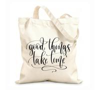 AILOONG Polyester Cotton Shopping Bags Good Things Take Time Hand Lettering Inscription 12 oz thick fabric Reusable 25x30cm Small