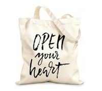 AILOONG Polyester Cotton Shopping Bags Hand Lettered Inspirational Quote Open Your Heart 12 oz thick fabric Reusable 25x30cm Small
