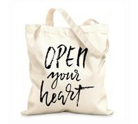 AILOONG Polyester Cotton Shopping Bags Hand Lettered Inspirational Quote Open Your Heart 12 oz thick fabric Reusable 35x40cm Large
