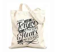 AILOONG Polyester Cotton Shopping Bags Hand Lettering With Bible Verse He Forgives All My 12 oz thick fabric Reusable 35x40cm Large