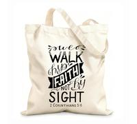 AILOONG Polyester Cotton Shopping Bags Hand Lettering With Bible Verse We Walk Faith 12 oz thick fabric Reusable 35x40cm Large